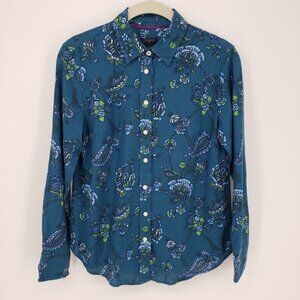 Talbots Floral Paisley Button Down Shirt XSP Womens Long Sleeves Teal Green Blue